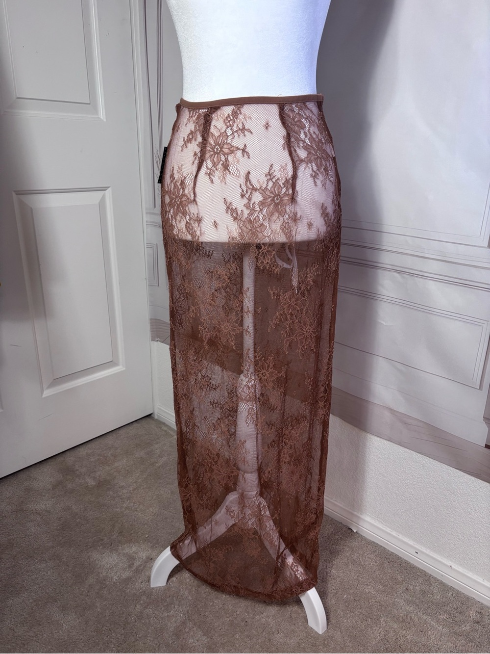 Missguided Brown Sheer Lace Maxi Skirt